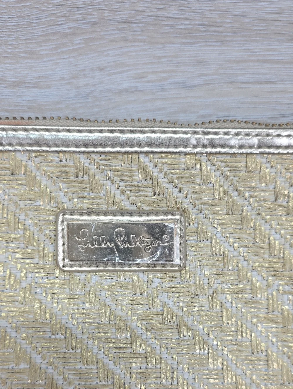Lilly Pulitzer Gold Woven Straw Wristlet Clutch Bag Tassel Zip Resortwear